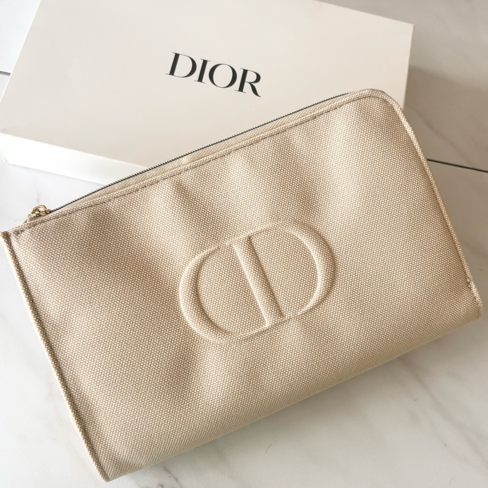 DIOR Beige Cosmetic Pouch Clutch Makeup Bag Case Embossed Logo New